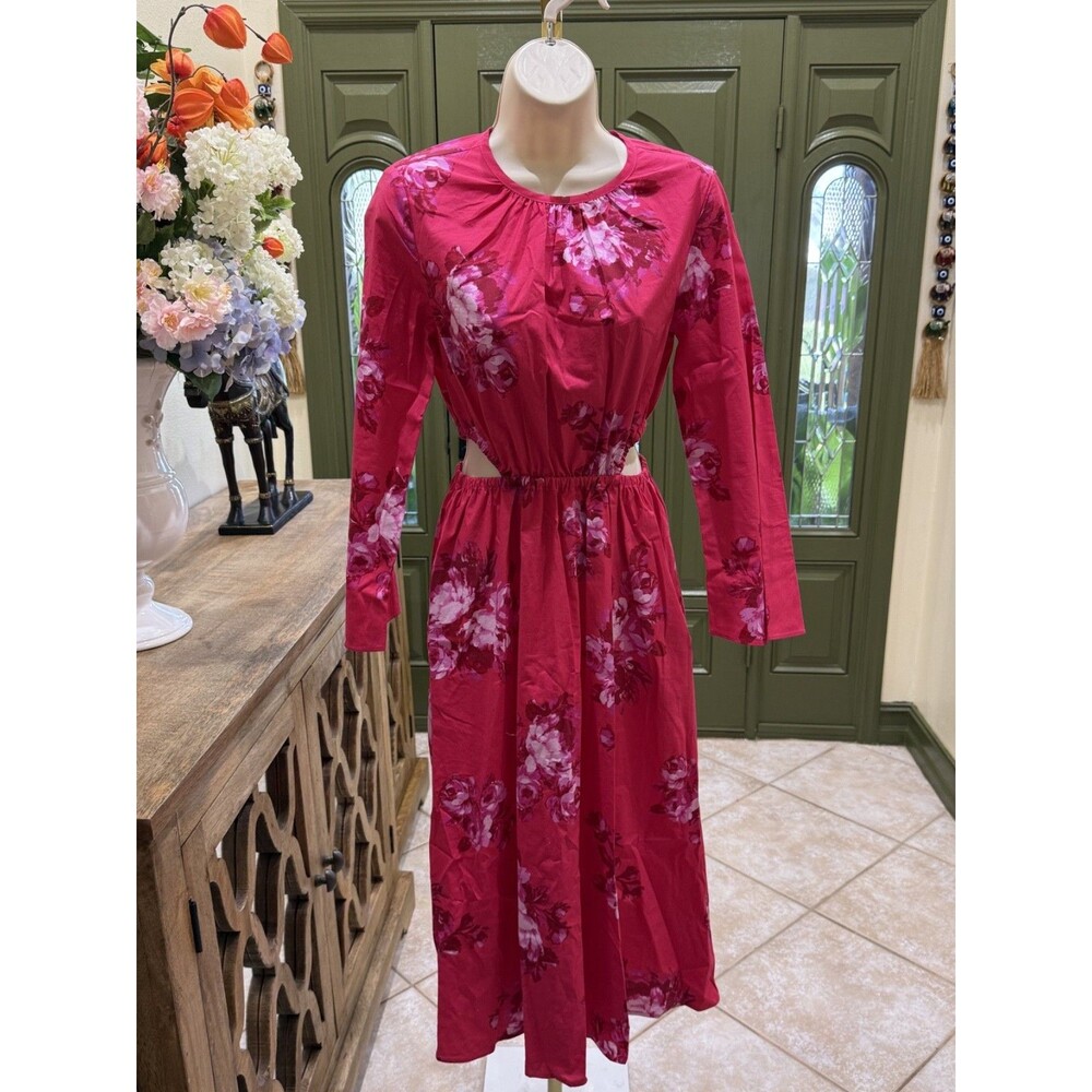 SCCOP Women's Side Cut-Out Midi Dress Pink Barberry Orchid Floral Print Size XS